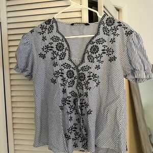 Striped Black and White Embroidered Women's Top